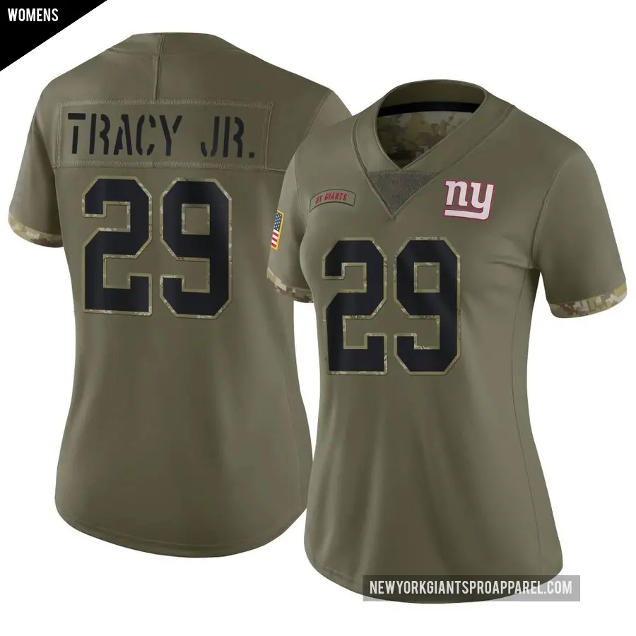Women's New York Giants ＃29 Tyrone Tracy Jr. Olive Limited 2022 Salute To Service Jersey