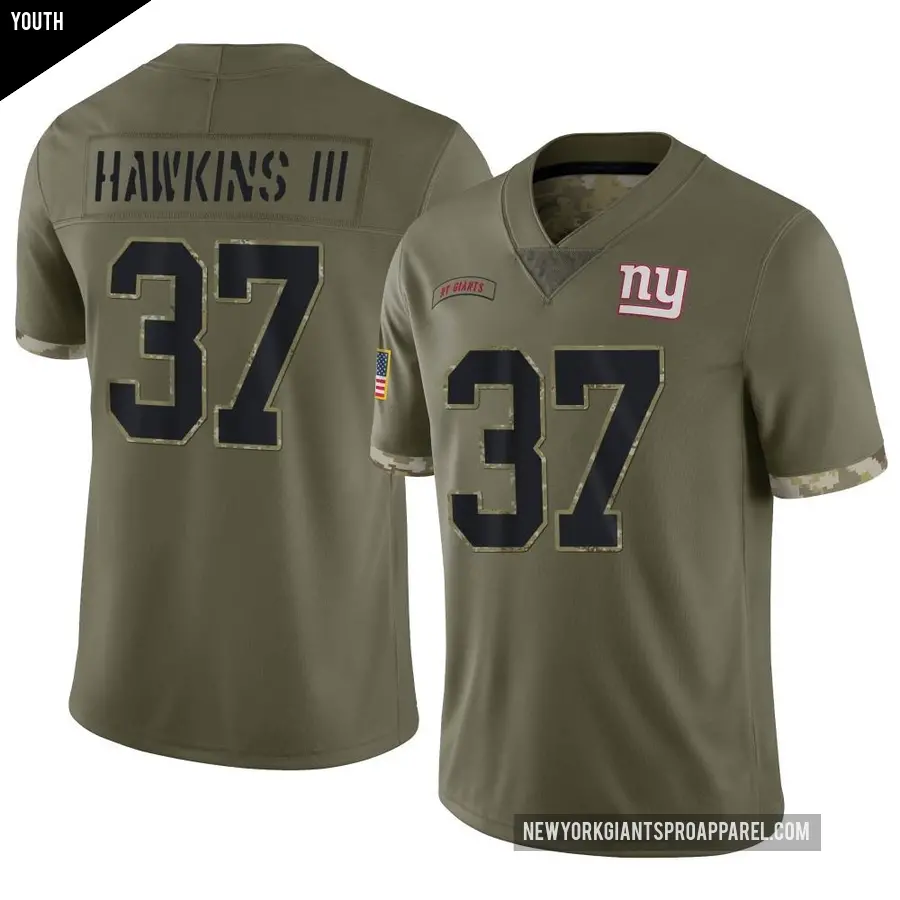 Youth New York Giants ＃37 Tre Hawkins III Olive Limited 2022 Salute To Service Jersey